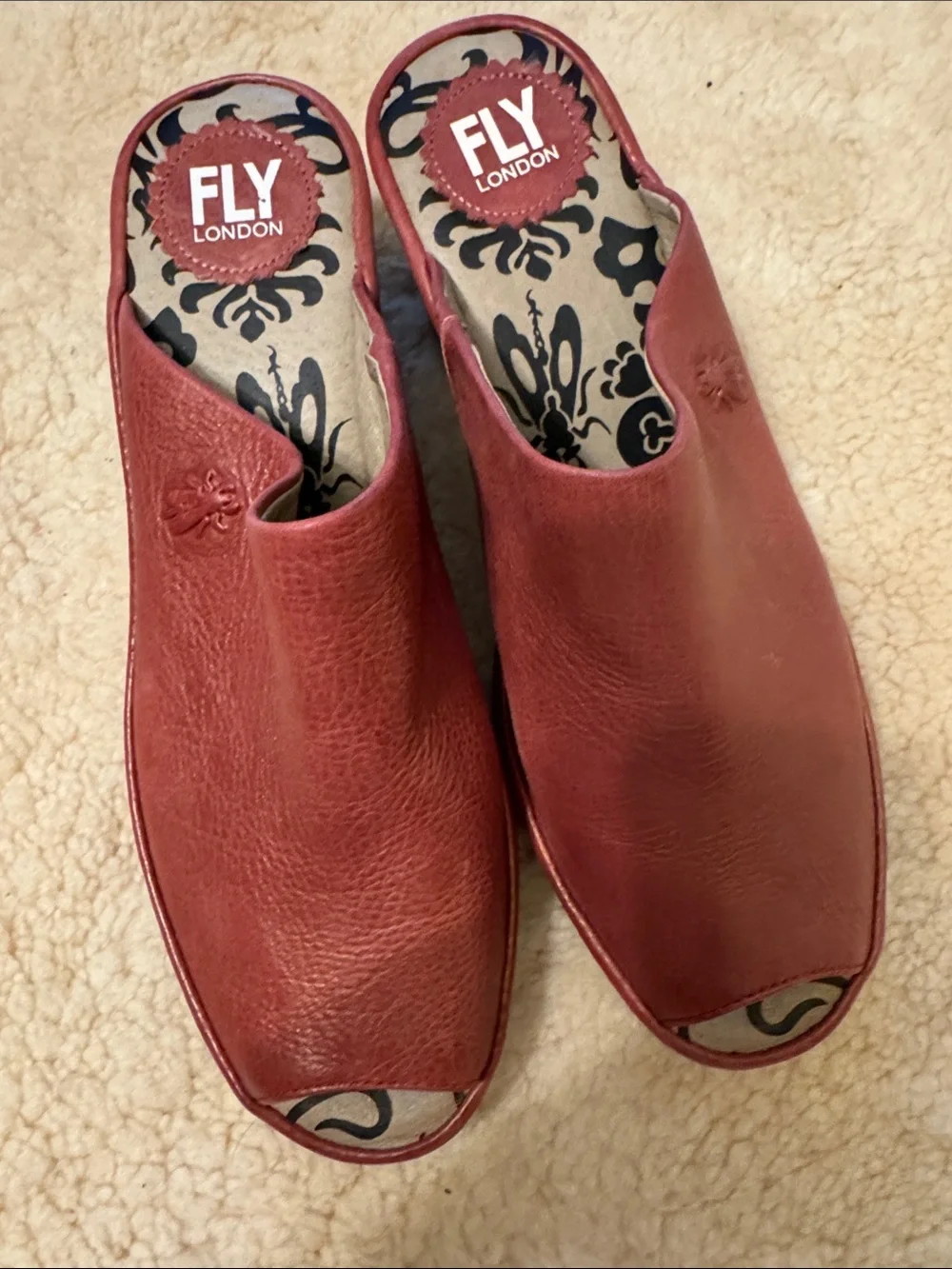 Fly London Red Leather Open-Toe Slide Mules